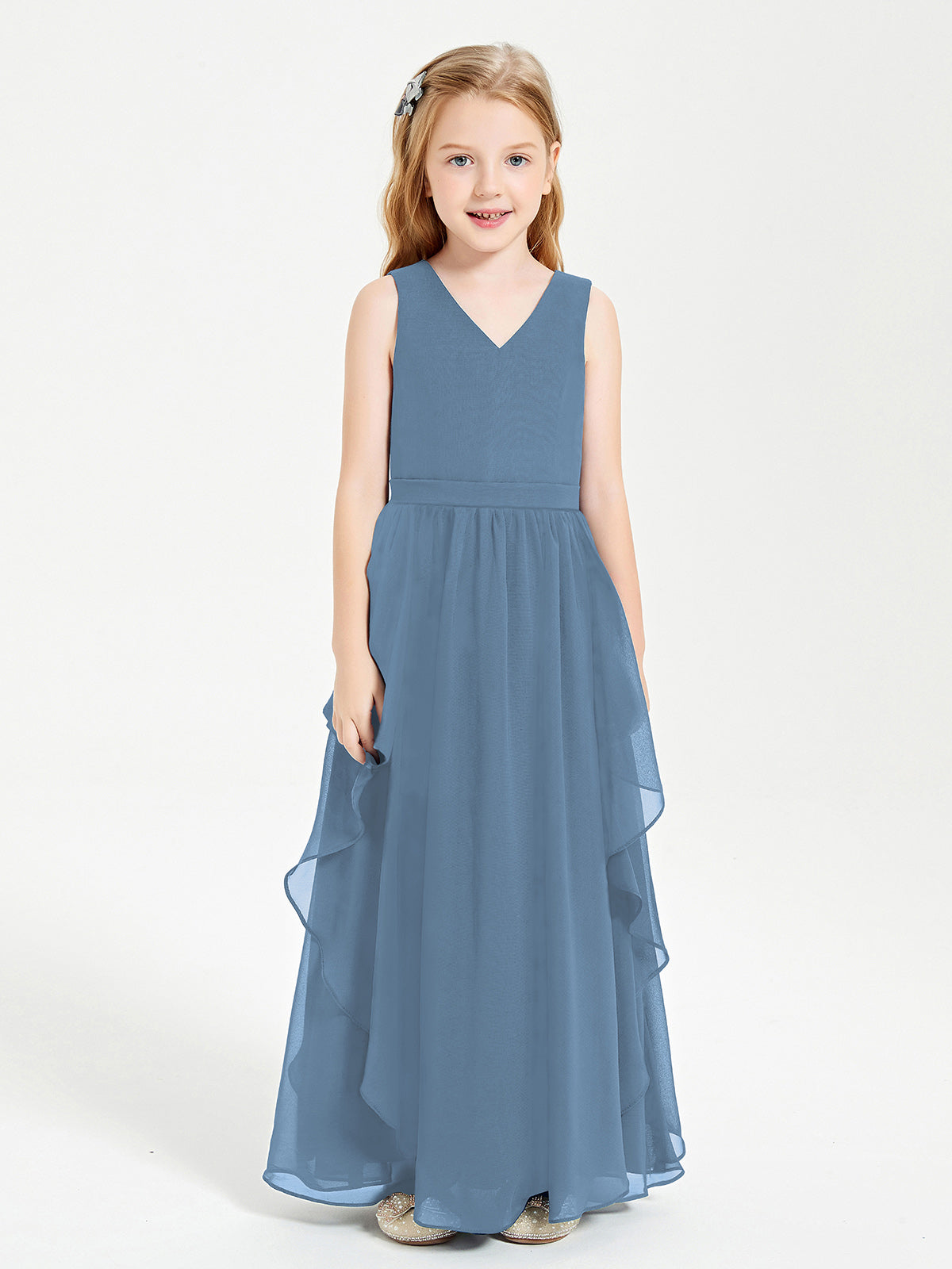 Boho Sleeveless Junior Chiffon Bridesmaids Gown Slate Blue